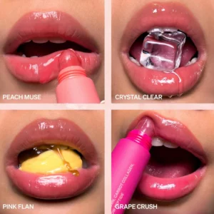 Cztery zbliżenia ust z nałożonym błyszczącym serum Knemo Liplock Jelly w odcieniach Peach Muse, Crystal Clear, Pink Flan i Grape Crush – efekt mokrego połysku i soczystego koloru.
