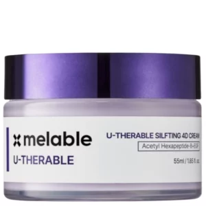 Start 48 Na zdjęciu widoczny jest krem Melable U-Therable Silfting 4D Cream w eleganckim opakowaniu z fioletową nakrętką. Minimalistyczny design podkreśla nowoczesny, dermokosmetyczny charakter produktu.
