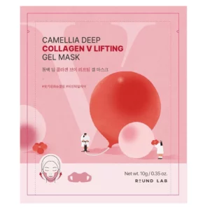 Opakowanie maski Round Lab Camellia Deep Collagen V Mask – różowa saszetka z ilustracją maski do modelowania konturu twarzy i poprawy elastyczności skóry.