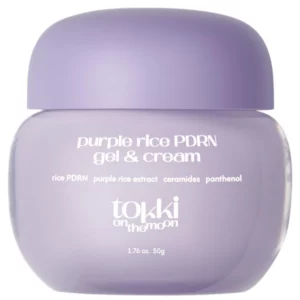 Fioletowy krem-żel Tokki On The Moon Purple Rice PDRN Gel & Cream w minimalistycznym opakowaniu, prezentowany na jasnym tle, lekka konsystencja o delikatnym, nawilżającym wykończeniu.