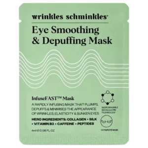 Na zdjęciu znajduje się Wrinkles Schminkles Eye Smoothing & Depuffing Mask – maska pod oczy z kolagenem, jedwabiem, witaminą B3, kofeiną i peptydami.