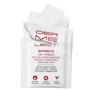 Dermelect Extracts Soy Nail Polish Remover Wipes – opakowanie produktu i pojedyncze chusteczki.