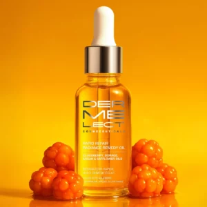 Dermelect Rapid Repair Radiance Remedy Oil olejek do twarzy w szklanej butelce z pipetą na tle pomarańczowym z owocami maliny moroszki.