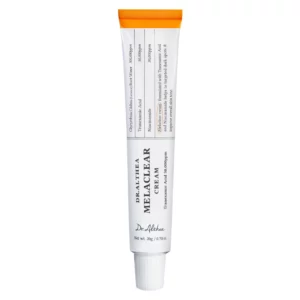 Tuba kremu Dr. Althea Melaclear Cream na jasnym tle. Opakowanie jest białe z pomarańczowym akcentem, prezentowane w prosty, produktowy sposób.