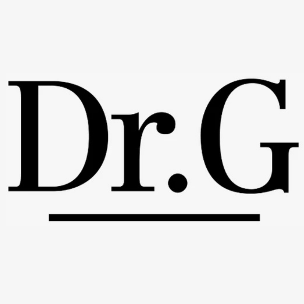 Logo marki Dr. G w czarnej, eleganckiej typografii z podkreśleniem na jasnym tle.