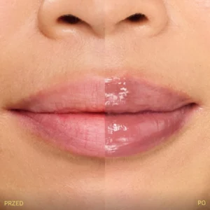 Porównanie ust przed i po użyciu lip treatment efekt wygładzenia i intensywnego nawilżenia ust połysk.