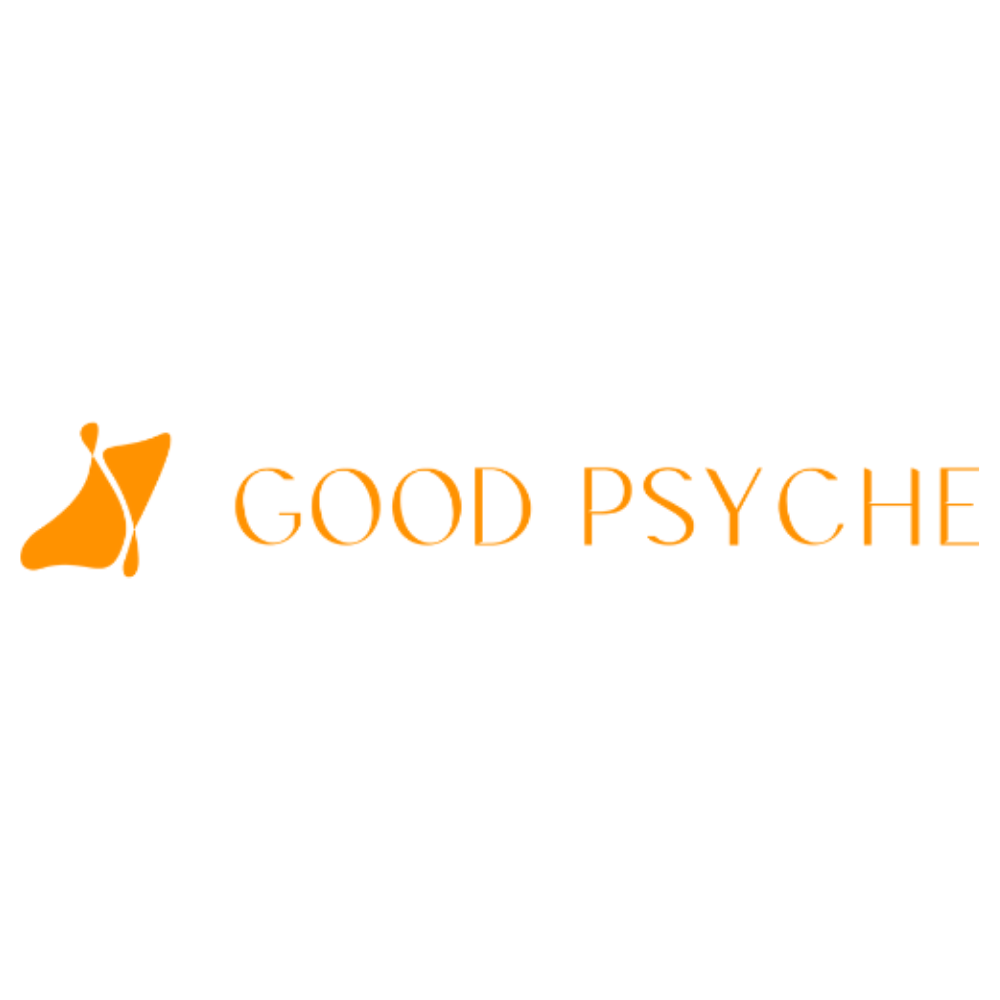 Logo marki Good Psyche w pomarańczowej typografii z abstrakcyjnym symbolem na jasnym tle.