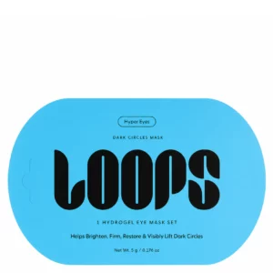 Opakowanie hydrożelowych płatków pod oczy Loops Hyper Eyes Dark Circles Mask w intensywnie niebieskim kolorze, z minimalistycznym czarnym logo i informacją o rozjaśniającym oraz wygładzającym działaniu na skórę pod oczami.