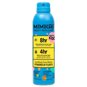 Spray Mimikai Kids Mosquito & Tick Bug Spray na jasnym tle w prezentacji produktowej.