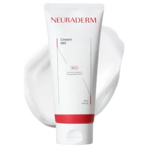Produkt Neuraderm Cream MD w białej tubie na tle kremowej tekstury – ochronny krem odbudowujący barierę skóry, przeznaczony do pielęgnacji skóry suchej, wrażliwej i zniszczonej, o działaniu regenerującym i nawilżającym.