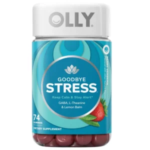 OLLY Goodbye Stress - suplement diety w formie żelków o smaku jagodowo-werbenowym, z GABA, L-teaniną i melisą, w opakowaniu zawierającym 74 żelki.