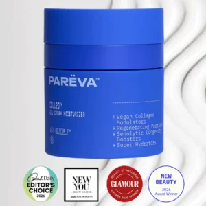Parëva Coll20 Gel Cream Moisturizer – niebieski słoiczek kremu na jasnym tle z oznaczeniami nagród i wyróżnień.