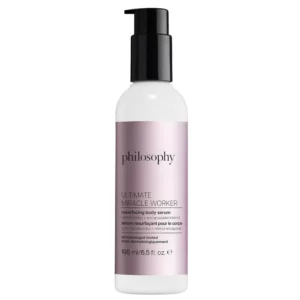 Philosophy Ultimate Miracle Worker resurfacing body serum butelka produktu na jasnym tle kosmetyk do ciała.
