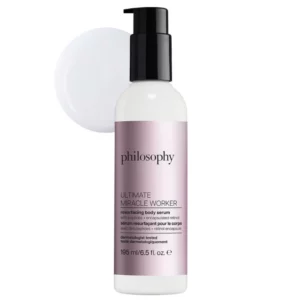 Philosophy Ultimate Miracle Worker resurfacing body serum butelka produktu na jasnym tle kosmetyk do ciała.