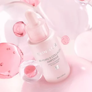 Ampułka SkinLab 3D PDRN X Collagen Ampoule z pipetą na różowym tle z elementami graficznymi.