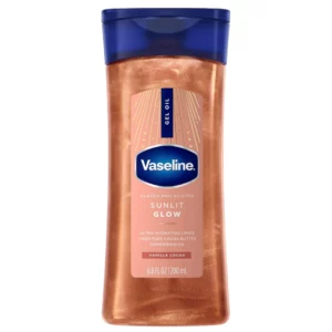 Opakowanie Vaseline Sunlit Glow Body Shimmer Gel Oil na jasnym tle, prezentujące produkt i jego nazwę.