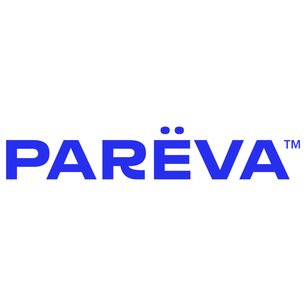 Logotyp marki kosmetycznej Pareva wypośrodkowany na białym tle.