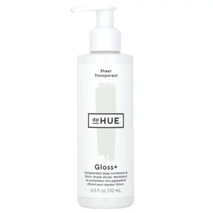 dpHUE Gloss+ Sheer Transparent Conditioner w transparentnej butelce z pompką na jasnym tle.