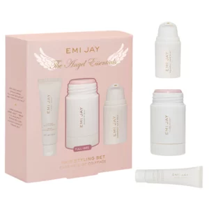 Emi Jay Angel Essentials Hairstyling Set z mini produktami do stylizacji włosów w pastelowym różowym opakowaniu.