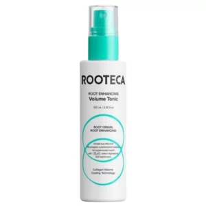 ROOTECA Root Enhancing Volume Tonic w minimalistycznej białej butelce z turkusowym atomizerem na jasnym tle.