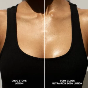 Porównanie efektu skóry przed i po użyciu Dezi Skin Body Gloss Ultra-Rich Body Lotion z widocznym świetlistym wykończeniem glow.