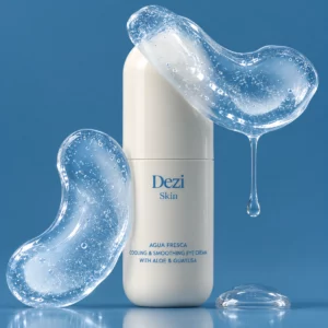 Packshot Dezi Skin Agua Fresca Cooling & Smoothing Eye Cream na niebieskim tle z transparentną żelową teksturą podkreślającą chłodzący efekt produktu.