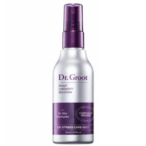 Srebrno-fioletowa butelka Dr. Groot Scalp Longevity Solution UV Stress Care Mist 100 ml z atomizerem na białym tle.