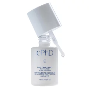 Otwarta buteleczka epres ePhD Bond Repair Nail Treatment z aplikatorem i kroplą produktu. Minimalistyczna kuracja do paznokci o lekkiej formule.