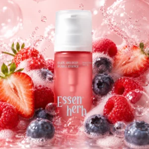 Różowe opakowanie esencji Essenherb Quick and Deep Bubble Essence otoczone truskawkami, malinami, borówkami, pianą i kroplami wody.