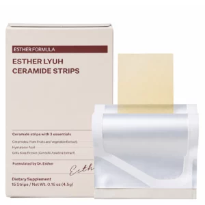 Opakowanie Esther Lyuh Ceramide Strips oraz pojedynczy pasek wysunięty z opakowania ochronnego, pokazujący formę produktu do stosowania doustnego.