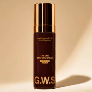 Packshot rozświetlającego kremu przeciwsłonecznego Good Weather Skin The One Warm Glow Daily Sun Cream SPF30 z złotym dozownikiem na jasnym tle.