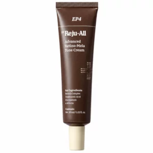 Brązowa tubka kremu Dr.Reju-All Advanced Retino-Mela Tone Cream 30 ml z jasną nakrętką, przedstawiona centralnie na białym tle bez cieni.