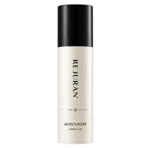 REJURAN Moisturizer c-PDRN 0.2% na białym tle – minimalistyczny packshot kremu w eleganckim opakowaniu z czarną nakrętką i kremową butelką.