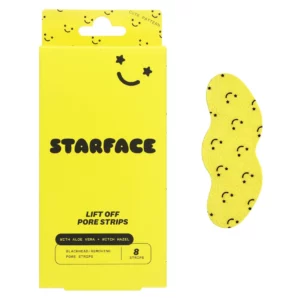 Opakowanie Starface Lift Off Pore Strips oraz żółty plaster oczyszczający na nos. Produkt pomaga oczyścić pory i odświeżyć wygląd skóry.