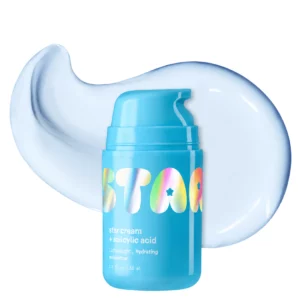 Starface Star Cream + Salicylic Acid – lekki krem nawilżający z kwasem salicylowym na jasnym tle. Produkt pokazany z kremową teksturą o miękkim, błyszczącym wykończeniu.