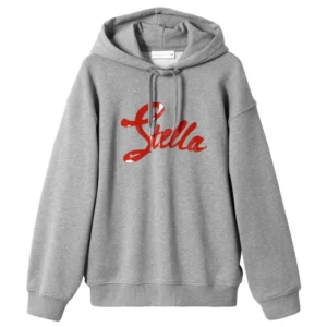 Start 197 Szara bluza z kapturem Stella McCartney x H&M z dużym czerwonym logo i oversize’owym krojem.