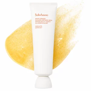 Packshot Sulwhasoo White Ginseng Radiance Refining Mask na jasnym tle z widoczną złocistą, peelingującą konsystencją produktu.