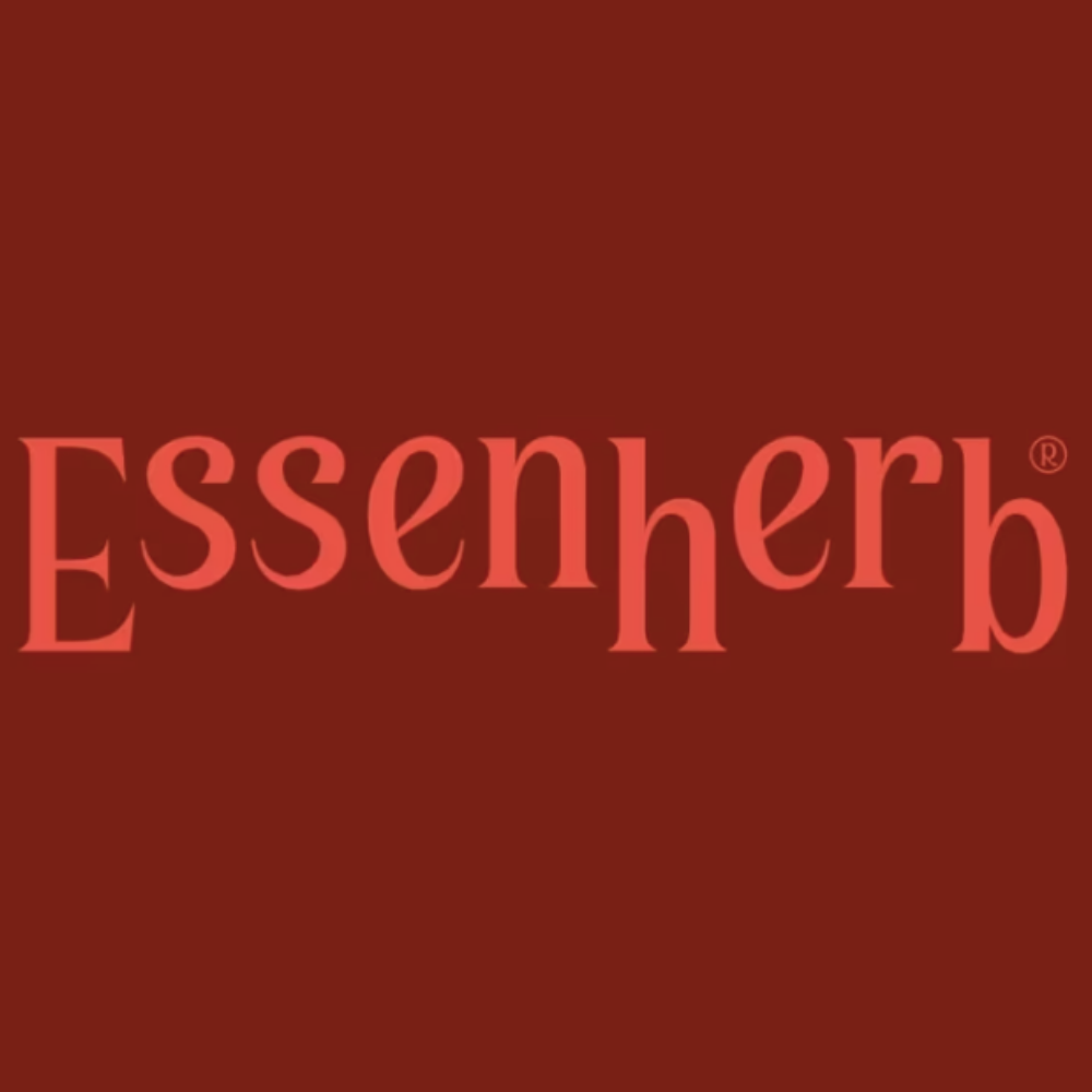 Essenherb – logo marki w jasnoczerwonym kolorze na ciemnoczerwonym tle.
