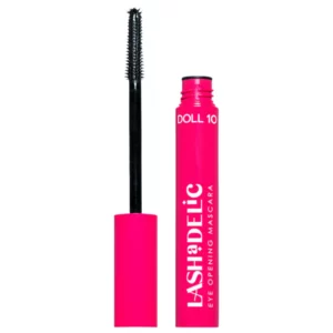 Otwarty tusz do rzęs Doll 10 Lashadelic Mascara prezentujący precyzyjną silikonową szczoteczkę. Zdjęcie podkreśla intensywnie różowe opakowanie oraz aplikator ułatwiający dokładne rozdzielanie i wydłużanie rzęs.