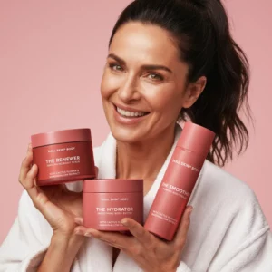 Modelka prezentuje kosmetyki The Renewer, The Hydrator i The Smoother z linii Doll Skin Body. Zdjęcie podkreśla codzienny rytuał pielęgnacyjny, który pozostawia skórę miękką, gładką, jędrną i pełną zdrowego blasku.