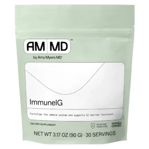 Opakowanie suplementu diety Amy Myers MD ImmuneIG w jasnozielonej saszetce. Produkt zawiera ImmunoLin® i dostarcza immunoglobuliny IgG, IgA oraz IgM w formie proszku do rozpuszczania.