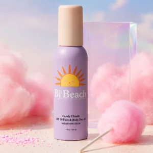 By The Beach Candy Clouds SPF 30 – suchy olejek przeciwsłoneczny do twarzy i ciała o słodkim zapachu waty cukrowej, z szerokopasmową ochroną UVA i UVB oraz lekką formułą do codziennego stosowania.