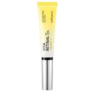 Cell Fusion C Vita Retinal Eye Cream 5% – krem pod oczy z retinalem, witaminą C i niacynamidem w żółtej tubce z metalicznym aplikatorem na jasnym tle.
