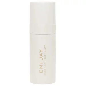 Mgiełka Emi Jay Aura Hair + Body Mist Angel Wings w kremowej, cylindrycznej butelce ze złotym napisem, pokazana na białym tle.
