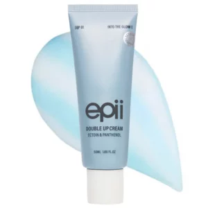 Jasnoniebieska tubka Epii Double Up Cream Ectoin & Panthenol, kremu nawilżającego do twarzy 50 ml, na białym tle z błękitną teksturą produktu.