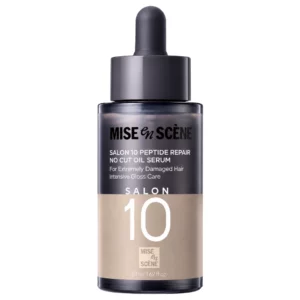 Mise en Scène Salon 10 Peptide Repair No Cut Oil Serum 30 ml w ciemnej butelce z pipetą na białym tle.