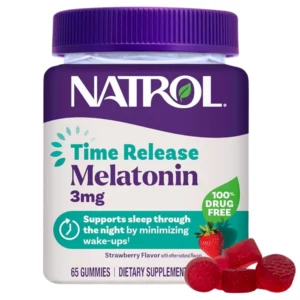Natrol Time Release Melatonin 3 mg – żelki z melatoniną o przedłużonym uwalnianiu, wspierające spokojny sen i ograniczenie nocnych wybudzeń.