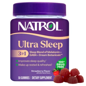 Natrol Ultra Sleep 3-in-1 – suplement diety w żelkach z melatoniną, GABA i składnikami botanicznymi o truskawkowym smaku.