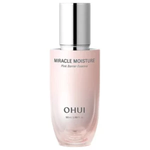 O HUI Miracle Moisture Pink Barrier Essence – esencja wzmacniająca barierę lipidową skóry w eleganckiej różowej butelce z metaliczną srebrną nakrętką, wspierająca nawilżenie, ukojenie oraz zdrowy, promienny wygląd cery.
