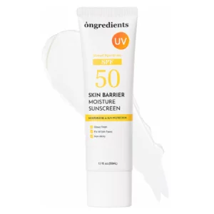 Packshot produktu Ongredients Skin Barrier Moisture Sun Cream SPF 50 na jasnym tle. Biała tubka filtra przeciwsłonecznego pokazana jest obok rozprowadzonej tekstury kremu, podkreślając jego nawilżające i ochronne właściwości.